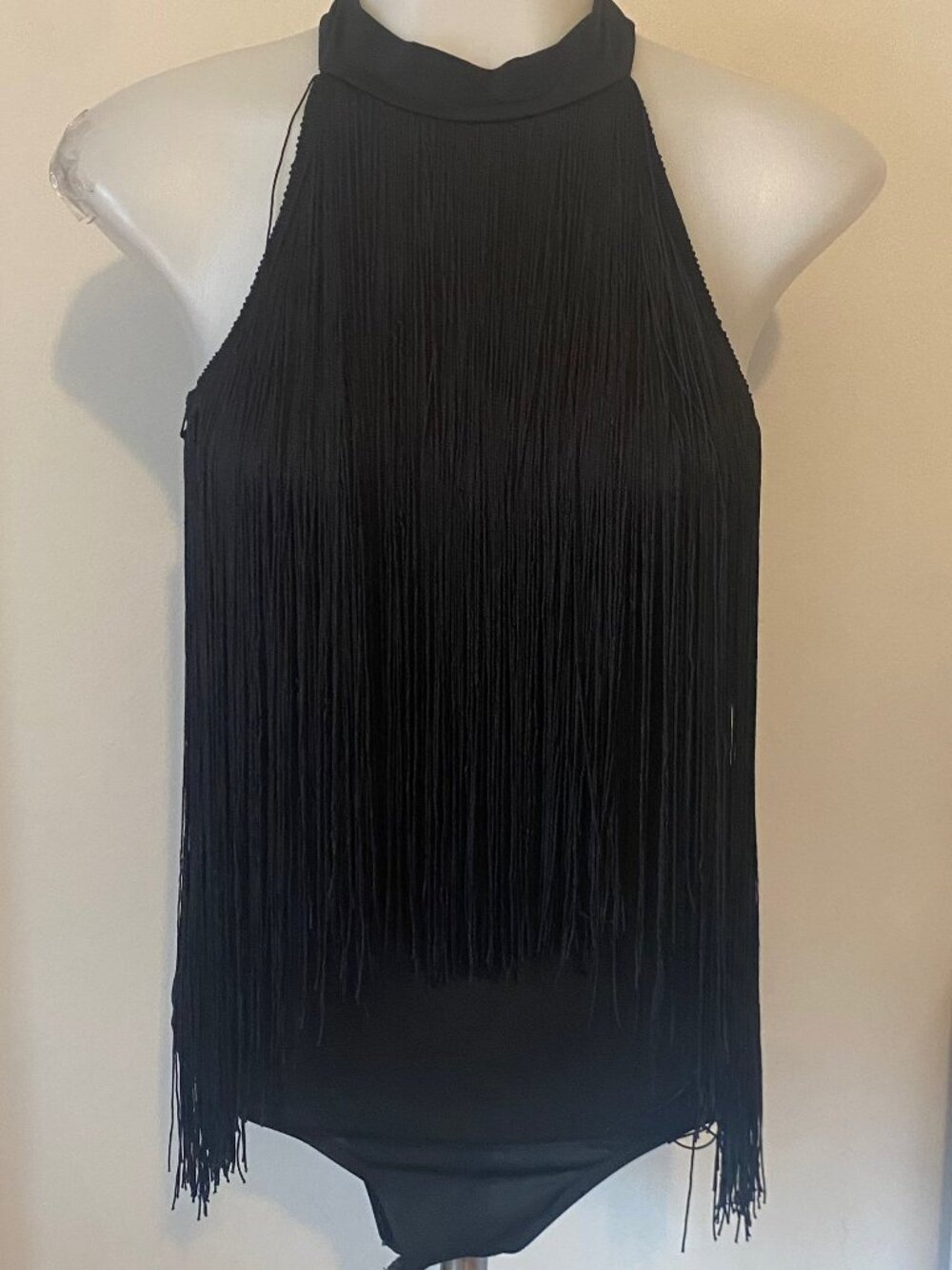 Shein Black Fringe Halter Bodysuit